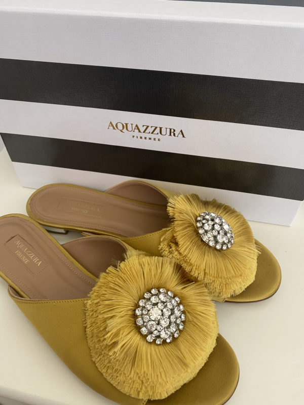 AQUAZZURA Gold Satin Crystal Lotus Slides Size 38 EU - Image 3