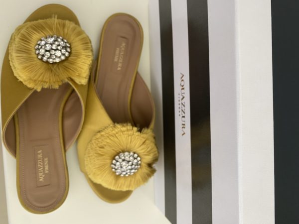AQUAZZURA Gold Satin Crystal Lotus Slides Size 38 EU - Image 2