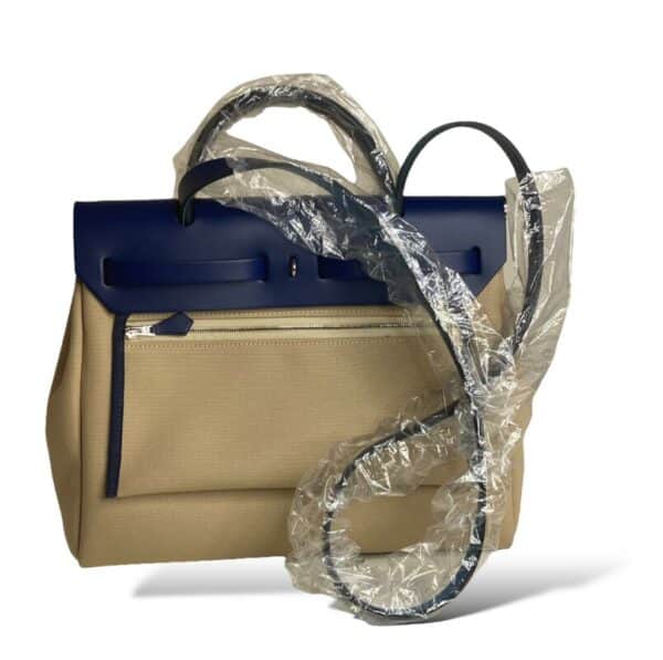 Hermes Herbag 31 Zip Beige and Bleu Saphire PHW - Image 4