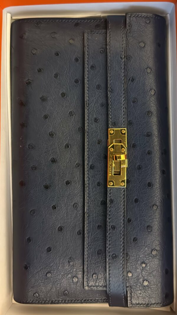 Hermes Kelly To Go Blue Ostrich Wallet GHW - Image 5