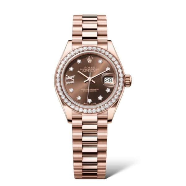 Rolex Lady Datejust 28mm 279135RBR Everose Gold President Bracelet Diamonds Bezel Chocolate Dial