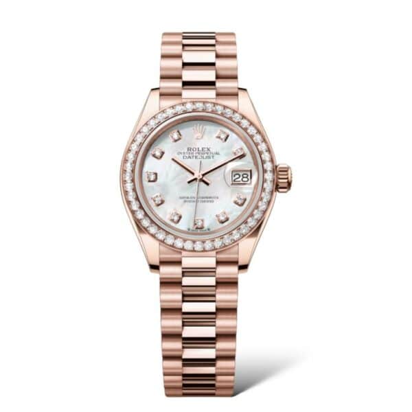 Rolex Lady Datejust 28mm 279135RBR Everose Gold President Bracelet Diamonds Bezel Mother-Of-Pearl Dial
