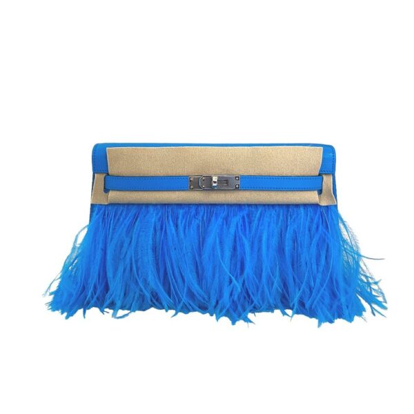 Hermes Kelly Elan Bleu Frida Chevre and Ostrich Feathers PHW