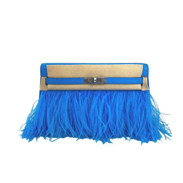 Hermes Kelly Elan Bleu Frida Chevre and Ostrich Feathers PHW - Image 7