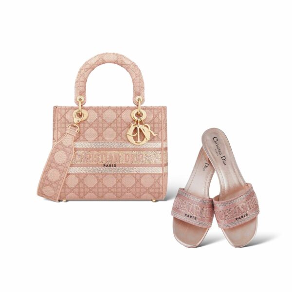 Dior Lady D-Lite Medium Pink Cannage Embroidery With Metallic Thread and Dior 38 EU Sandals Set