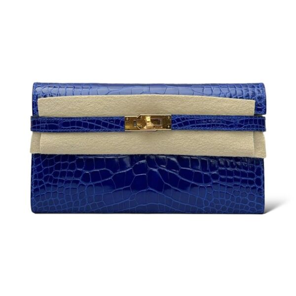 Hermes Kelly Blue Electrique Croco Wallet GHW