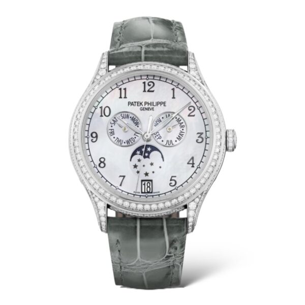 Patek Philippe Complications 38mm 4948G-010 Annual Calendar Moon Phases Diamonds-Set Bezel Alligator Pale Grey Strap Mother-Of Pearl Dial