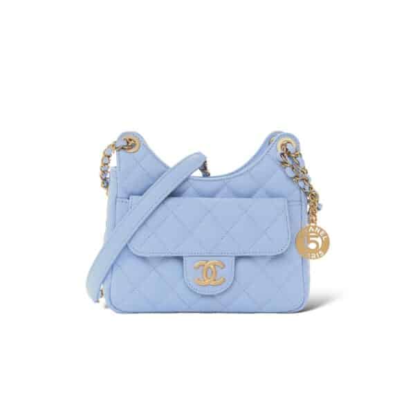 Chanel Caviar Quilted Small Wavy CC Hobo Light Blue Bag
