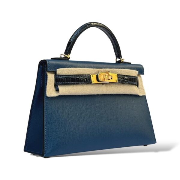 Hermes Kelly Mini Deep Bleu Veau Madame Touch Croco GHW - Image 2