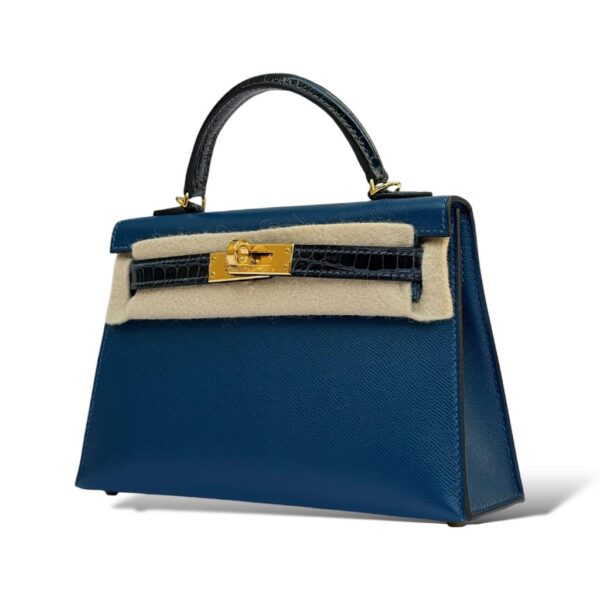 Hermes Kelly Mini Deep Bleu Veau Madame Touch Croco GHW - Image 5