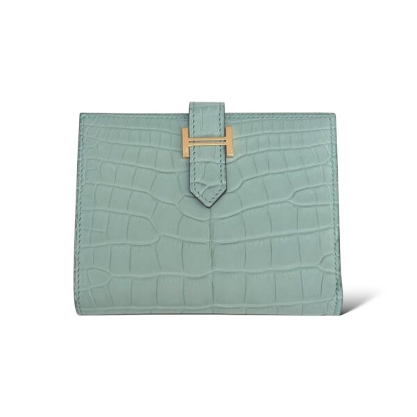 Hermes Bearn Vert D'eau Croco Compact Wallet GHW