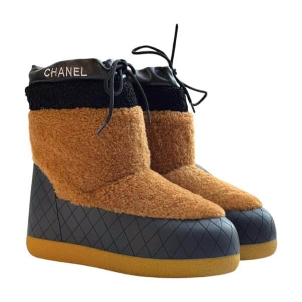 Chanel Tweed Shearling 39 EU Sheepskin Drawstring Snow Ankle Boots