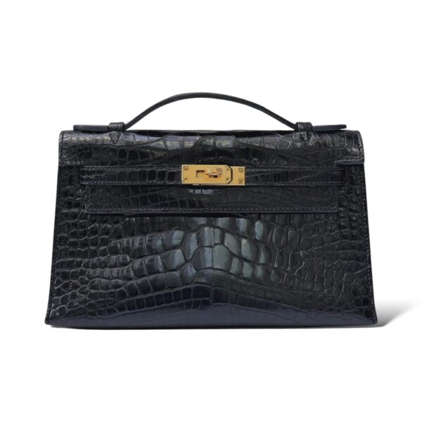 Hermes Kelly Pochette Black Shiny Croco GHW