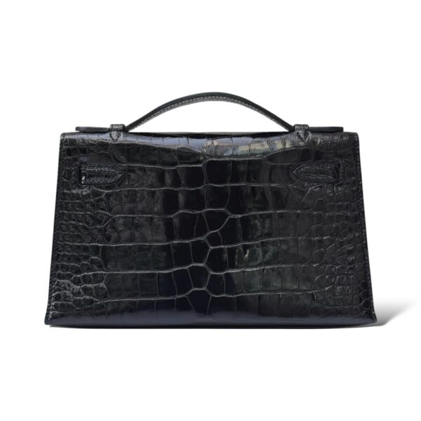 Hermes Kelly Pochette Black Shiny Croco GHW - Image 4