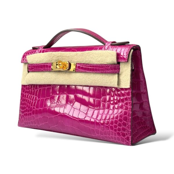 Hermes Kelly Pochette Rose Sheherazade Shiny Croco GHW - Image 2