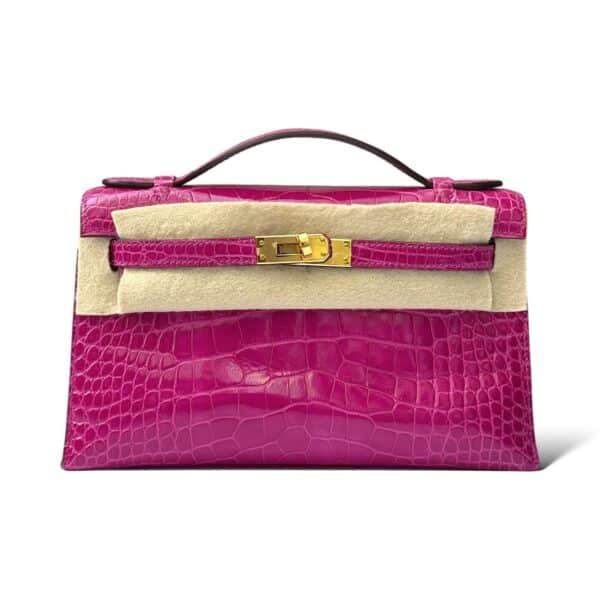 Hermes Kelly Pochette Rose Sheherazade Shiny Croco GHW