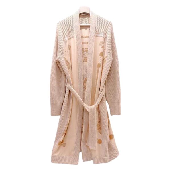 Hermes Les Tambours Finesse Twillaine Long Beige Cardigan 34