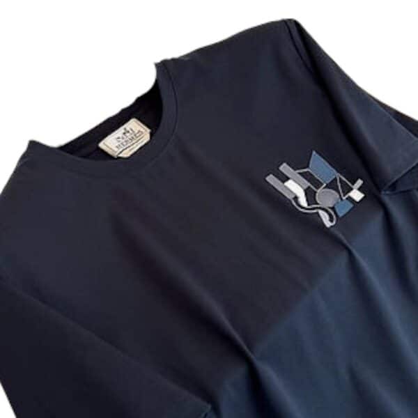 Hermes T-shirt Bleu Marine with Leather Detail - Image 2