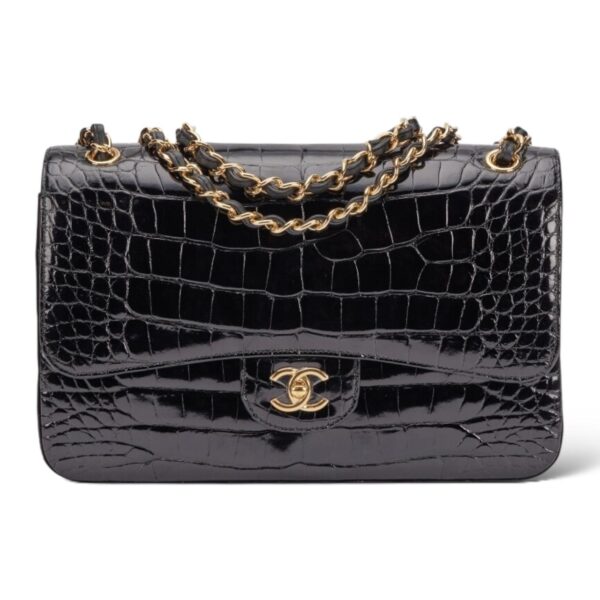 Chanel Jumbo Black Shiny Croco Double Flap Bag