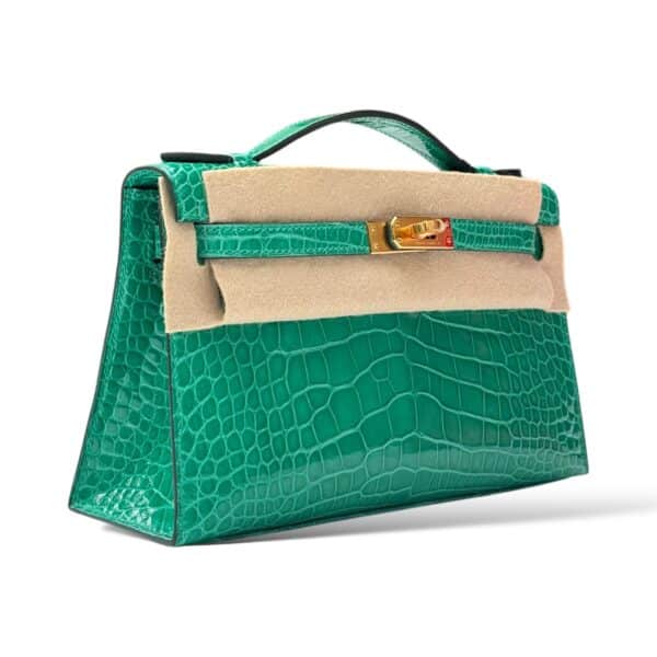 Hermes Kelly Pochette Vert Jade Shiny Croco GHW - Image 2