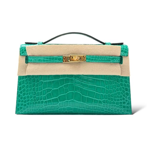Hermes Kelly Pochette Vert Jade Shiny Croco GHW