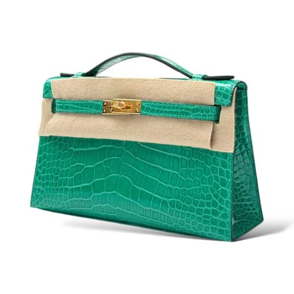 Hermes Kelly Pochette Vert Jade Shiny Croco GHW - Image 5