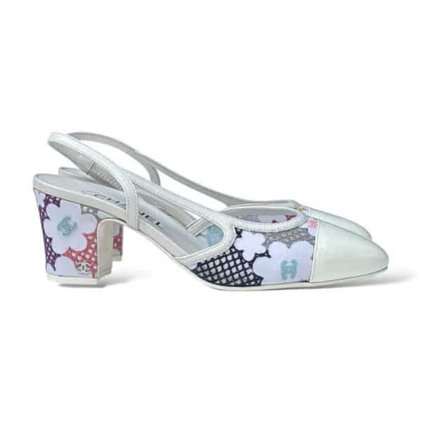 CHANEL Guipure 39 EU Patent Embroidered Floral Cap Toe CC Slingback Heels White - Image 3