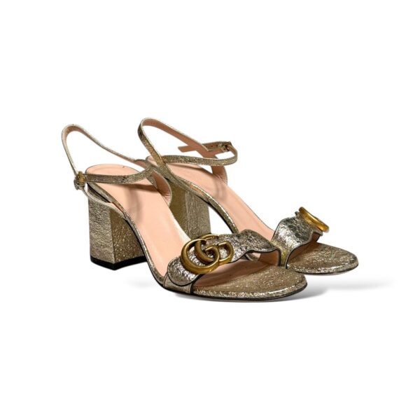 Gucci Metallic Laminate Leather Mid Heel Sandal Double G 36 EU