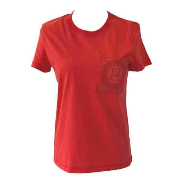 Hermes Droit Poche Brodee T-shirt Rose Vermillon Size 34