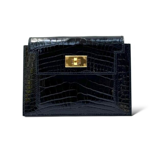 Hermes Kelly Pocket Noir Croco Compact Wallet GHW