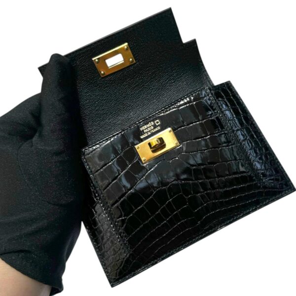 Hermes Kelly Pocket Noir Croco Compact Wallet GHW - Image 4